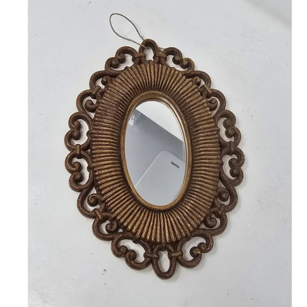 Vtg Dart Homco MCM oval mirror faux rattan wicker USA boho-chic Americana retro